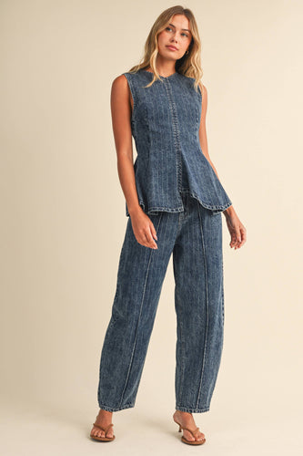 STRIPED DENIM SLEEVELESS PEPLUM TOP AND BARREL SET