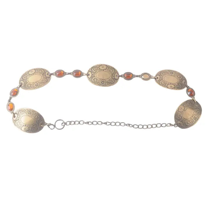 Antique Brass Medallion Belt with Amber Accents