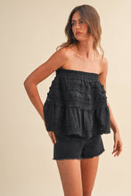 LACE TRIM RUFFLED STRAPLESS TRAPEZ TOP