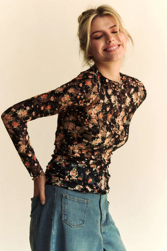 Floral Print Mesh Long Sleeve Layering Top