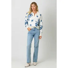 Floral Pullover Sweter in Ivory and Blue