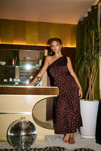 Party Glam One-shoulder Contrast Polka Dot Satin Midi Dress
