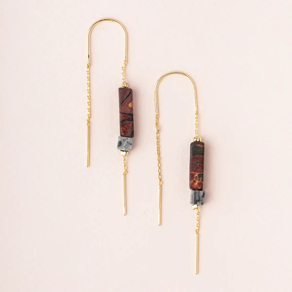 Rectangle Stone Thread Earring -Majestic Jasper/Black/Gold
