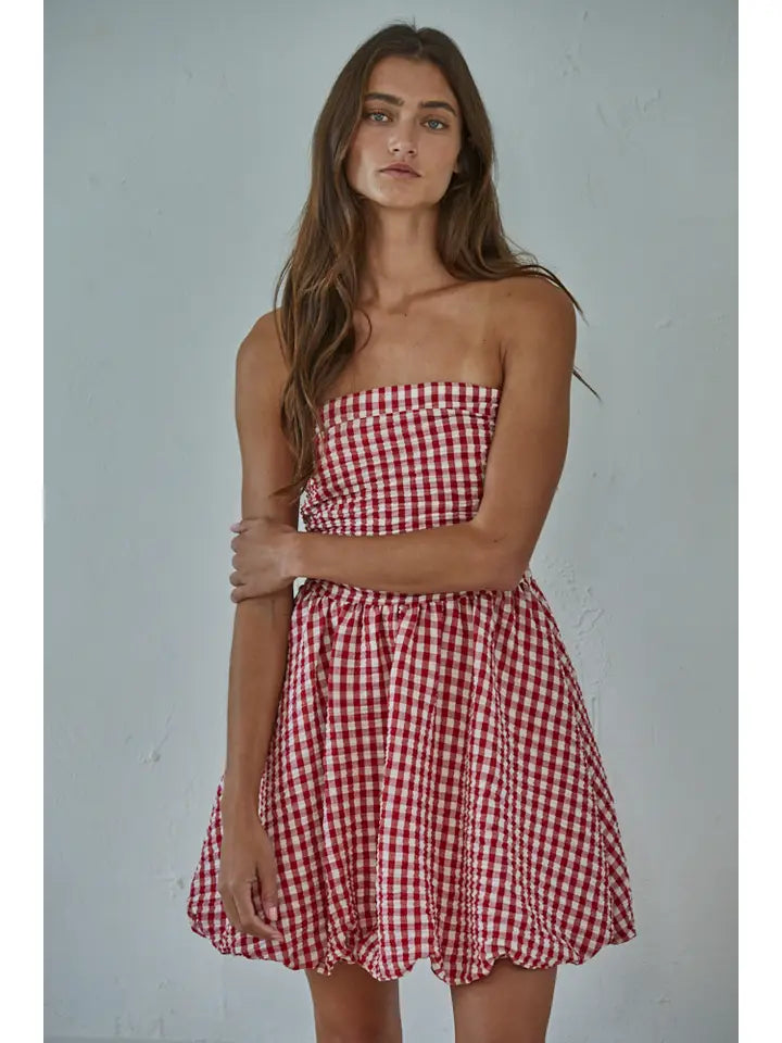 Woven Gingham Print Smocking Tube Mini Dress
