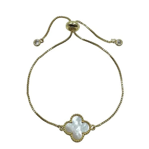 Clover Charm on Plated Gold Pull Chain Bracelet: Mother of Pearl