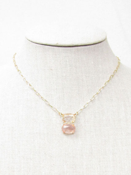 Oval Pearl and Clear Crystal Pink Quartz Necklace