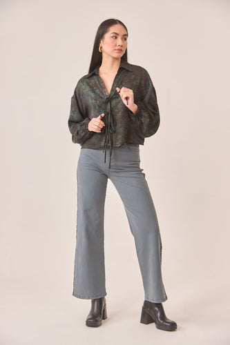 Long Sleeve Blouse with Shirt Collar and Tie & Button Front