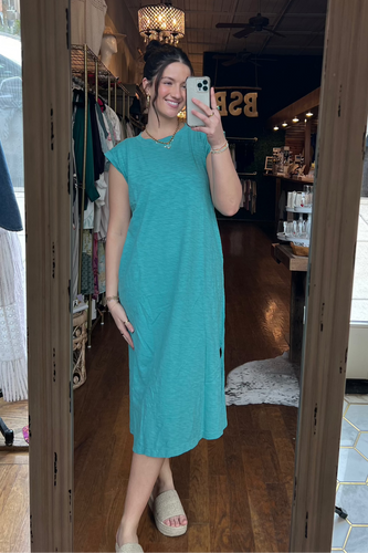 Capped Sleeve Column Dress With Side Slits in Open Water