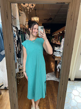 Capped Sleeve Column Dress With Side Slits in Open Water