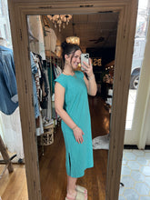 Capped Sleeve Column Dress With Side Slits in Open Water