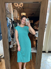 Capped Sleeve Column Dress With Side Slits in Open Water