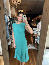 Capped Sleeve Column Dress With Side Slits in Open Water