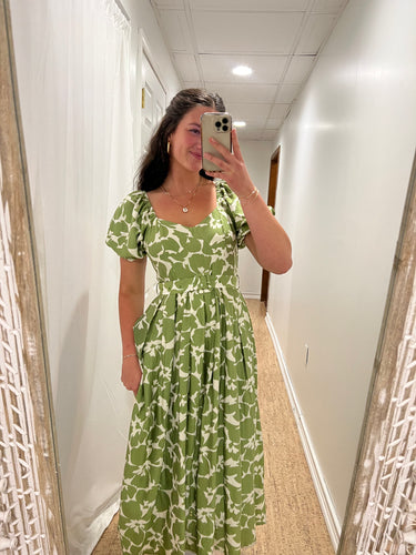 Rachel Midi Dress in Green Garden Party