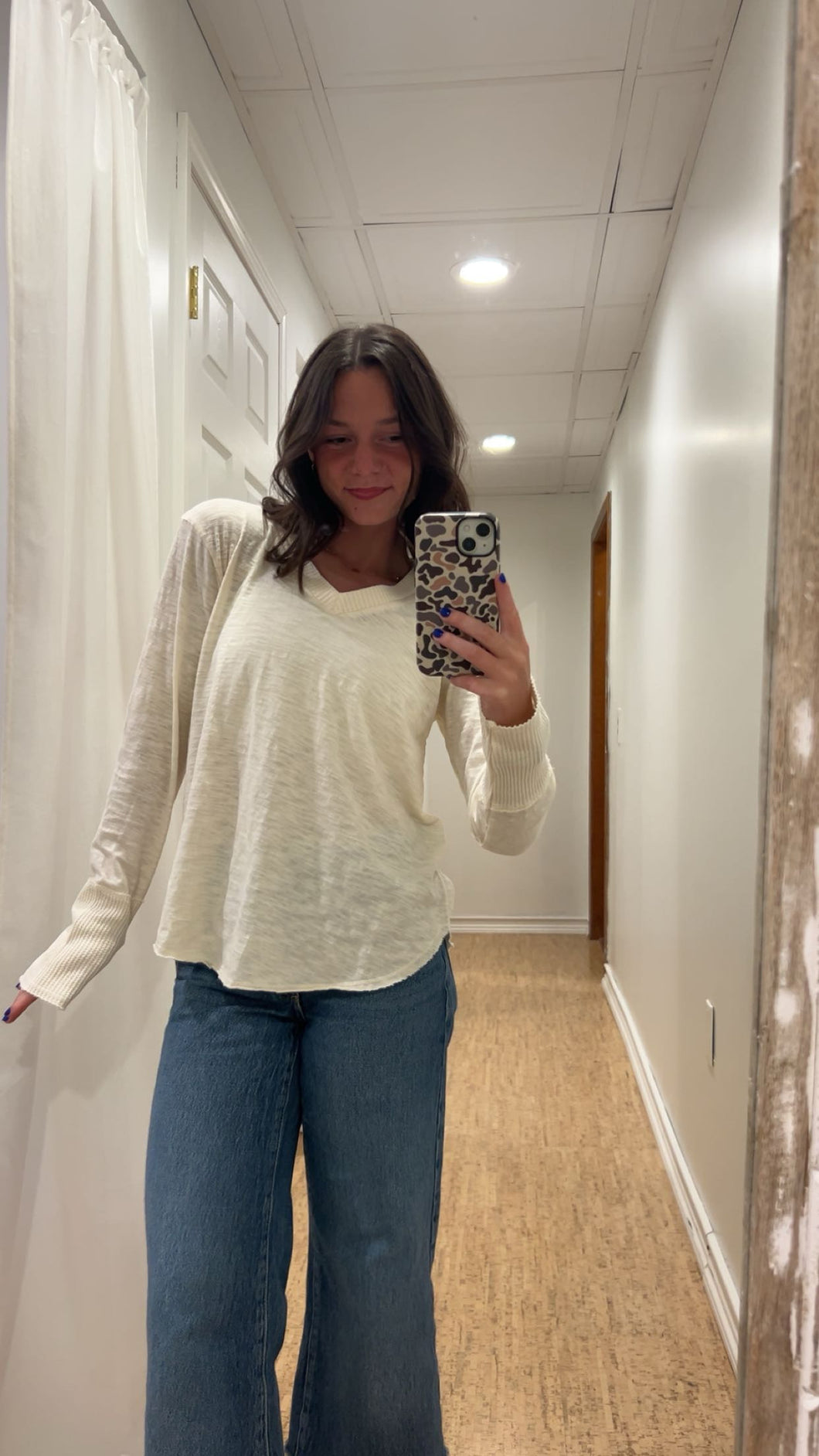 Milk Long Sleeve Waffle Mix V-Neck Top