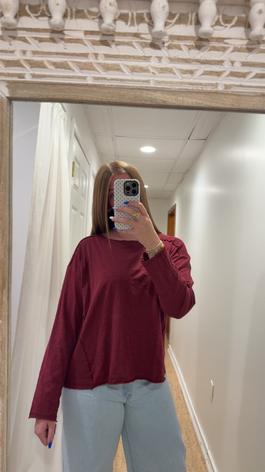 Long Sleeve Waffle Mix Jewel Neck Top in Astroberry
