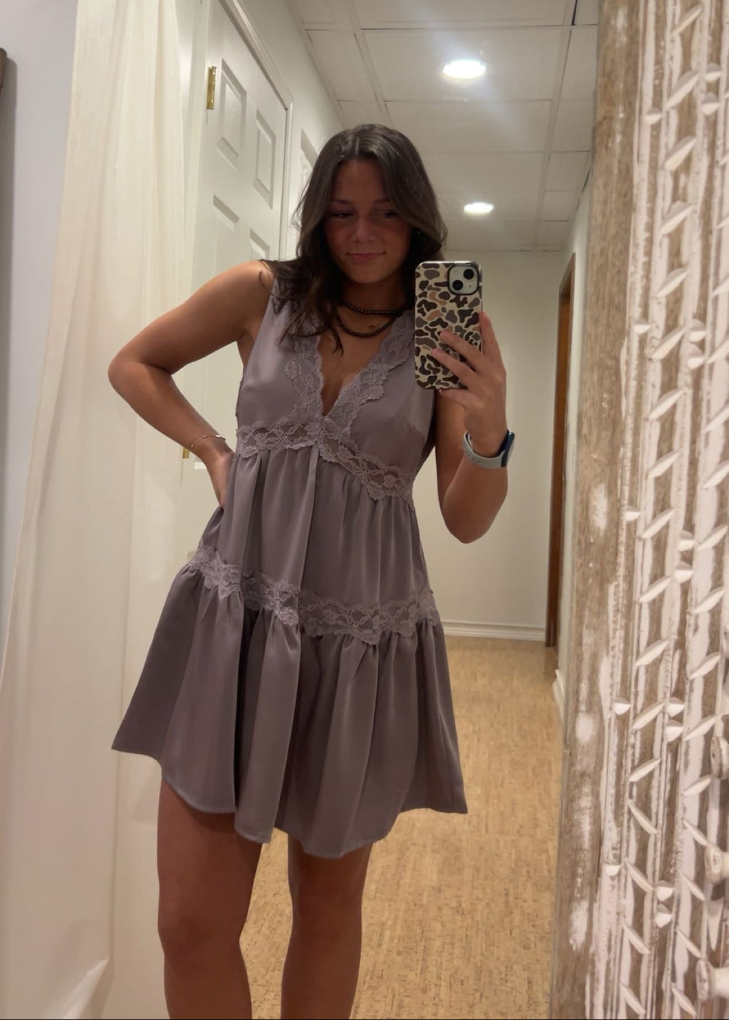 Dusty Purple Sleeveless Babydoll Mini Dress Featuring Lace Trim