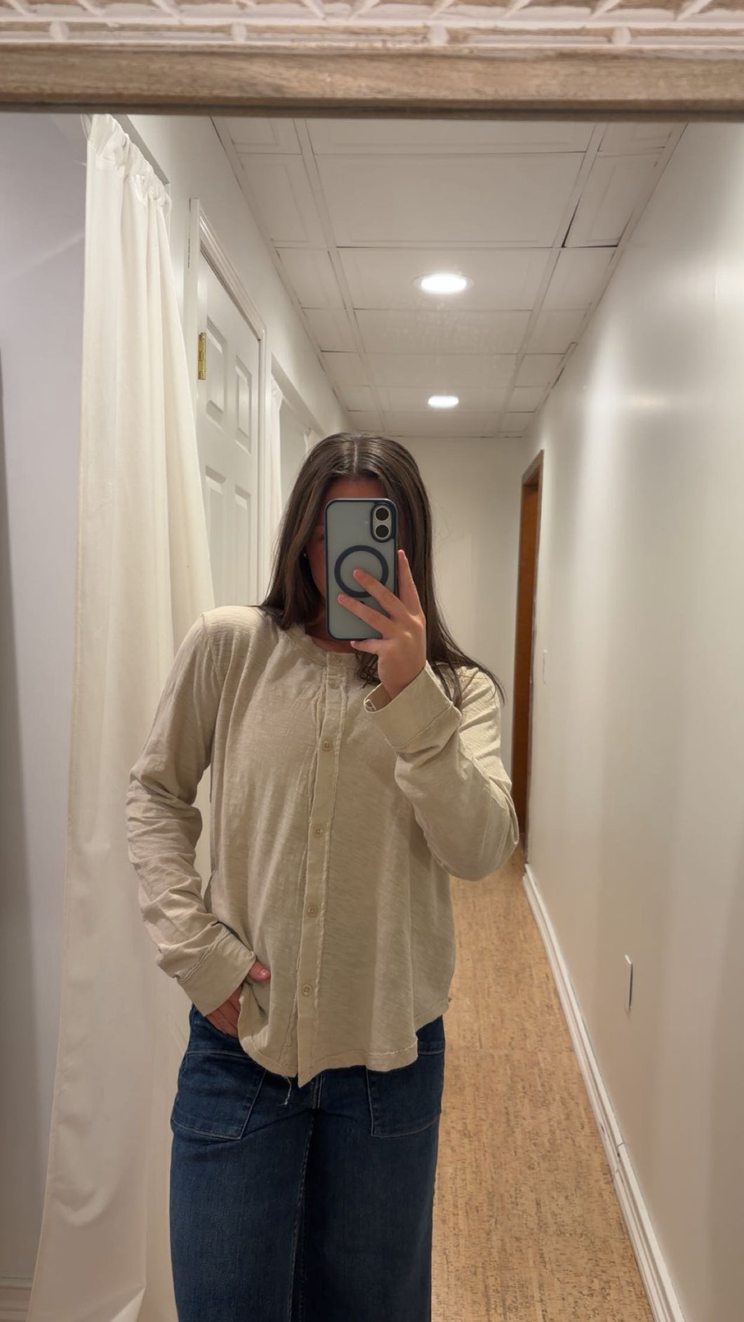 Long Sleeve Exposed Seams Button-up Top