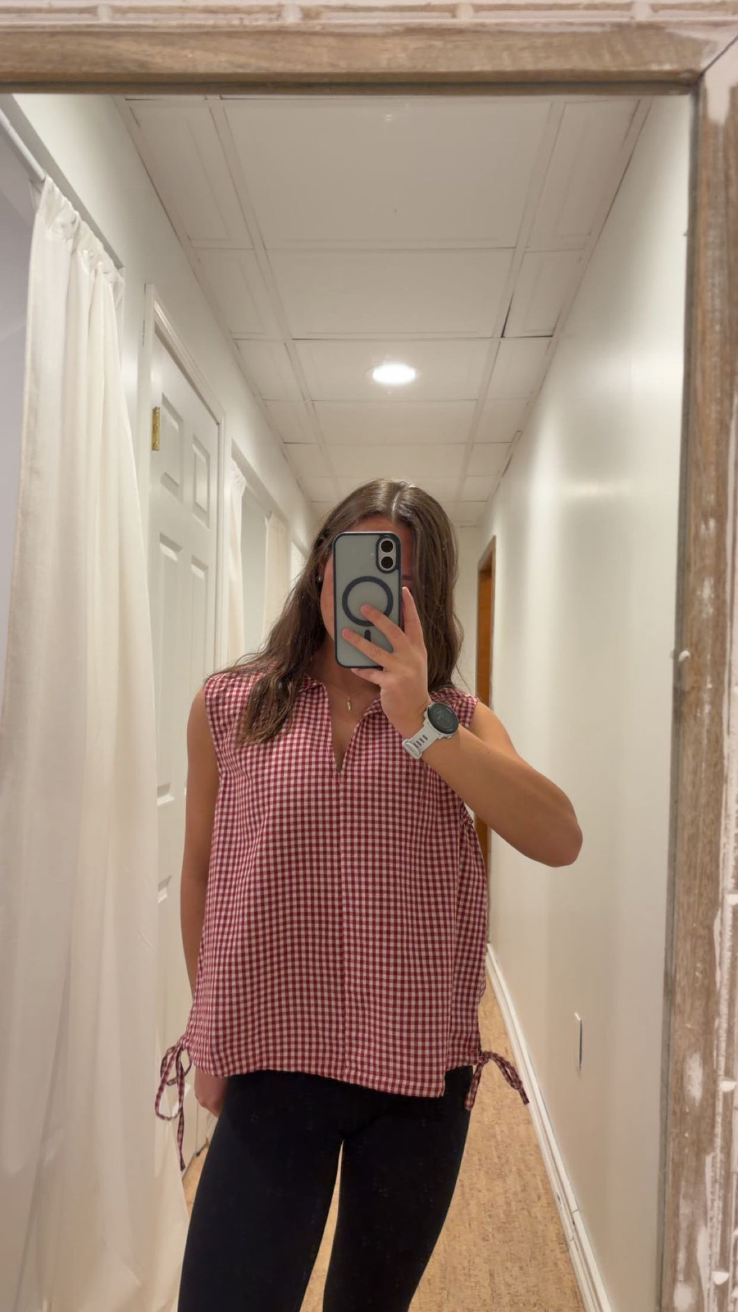 Sleeveless V-Neck Blouson Top in Red and White Checkered Print