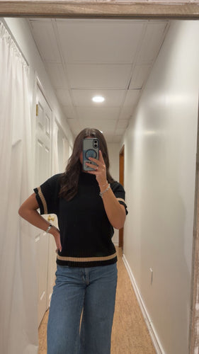 Short Sleeve Navy and Taupe Striped Sweater