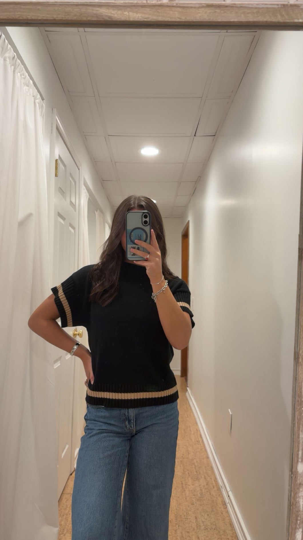 Short Sleeve Navy and Taupe Striped Sweater