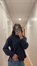 Long Sleeve Jewel Neck Seamed Sweatshirt in Heather Navy