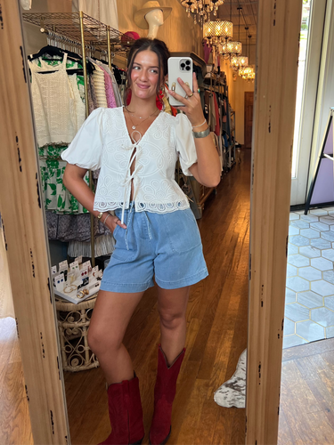 Embroidered Cotton Eyelet Short Puff Sleeve Blouse With Front Tie