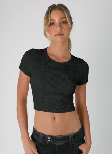 Shirred Short Sleeve Crop Top in Black