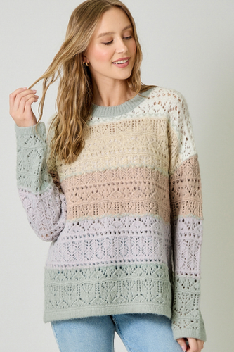 Colorblocked Pointelle Sweater in Ivory Oatmeal
