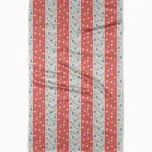 Striped fabric with red, white, and blue pattern on a white background