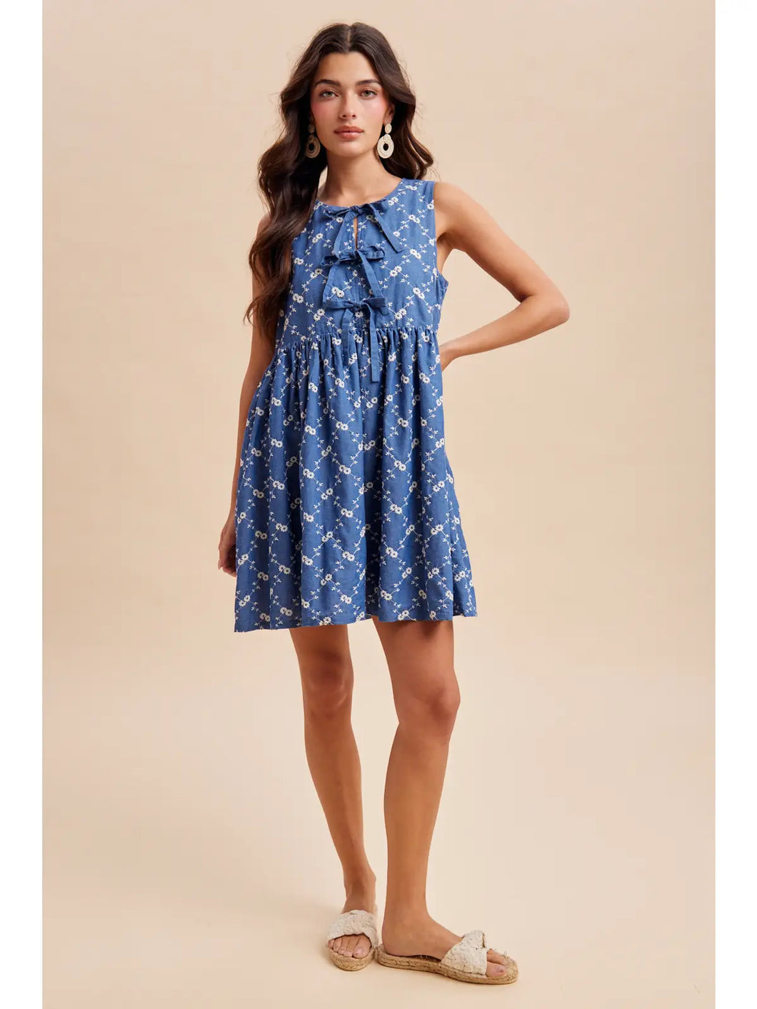 Chambray Embroidered Bow Mini Dress