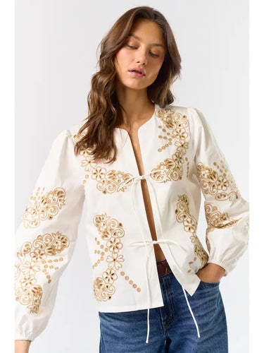 Floral Embroidered Front Tie Top with Puff Sleeves
