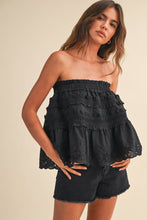 LACE TRIM RUFFLED STRAPLESS TRAPEZ TOP