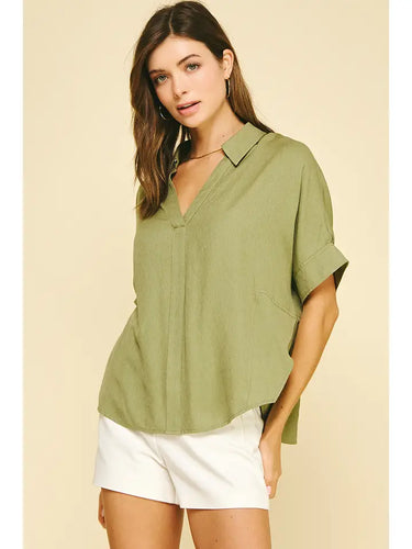 V-Neck Blouse Top in Olive
