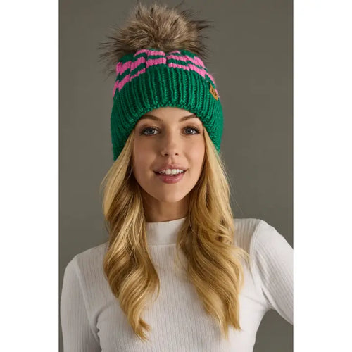 Green and Pink Checkered Pom Hat
