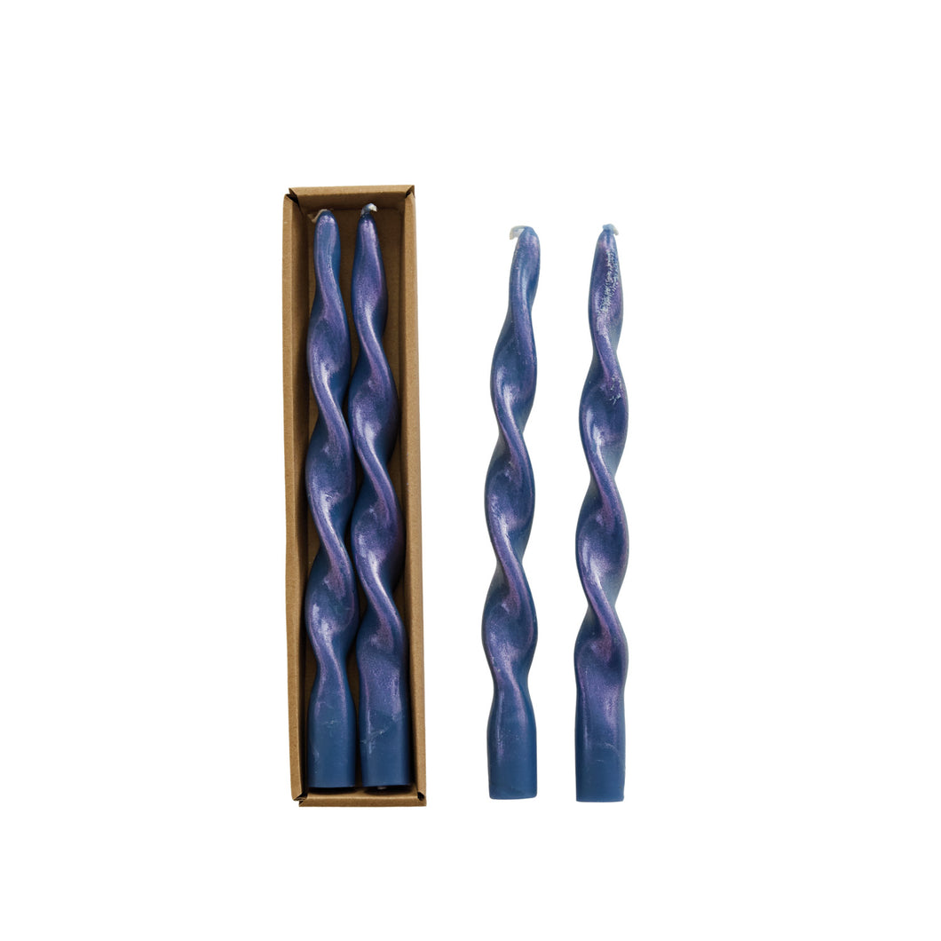 Unscented Twisted Taper Candles in Box, Iridescent Rainbow Finish, Blue, Set of 2