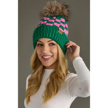 Green and Pink Checkered Pom Hat