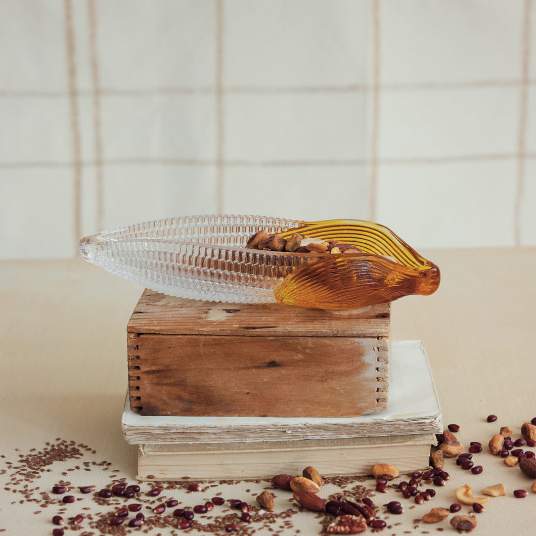 Hand-Painted Glass Corn Shaped Dish, Amber Color and Clear