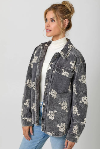 Washed Corduroy Embroidered Jacket in Stone