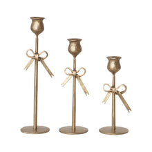 Hand-Forged Iron Taper Holders with Bow, Antique Gold Finish, Set of 3