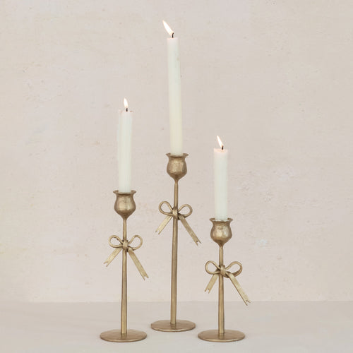 Hand-Forged Iron Taper Holders with Bow, Antique Gold Finish, Set of 3