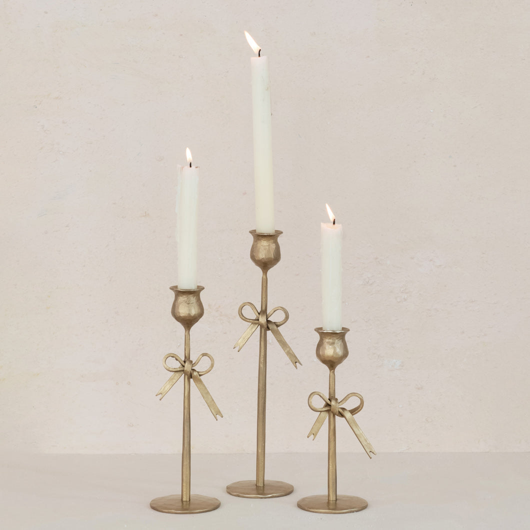 Hand-Forged Iron Taper Holders with Bow, Antique Gold Finish, Set of 3