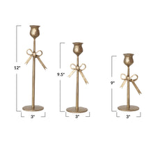 Hand-Forged Iron Taper Holders with Bow, Antique Gold Finish, Set of 3