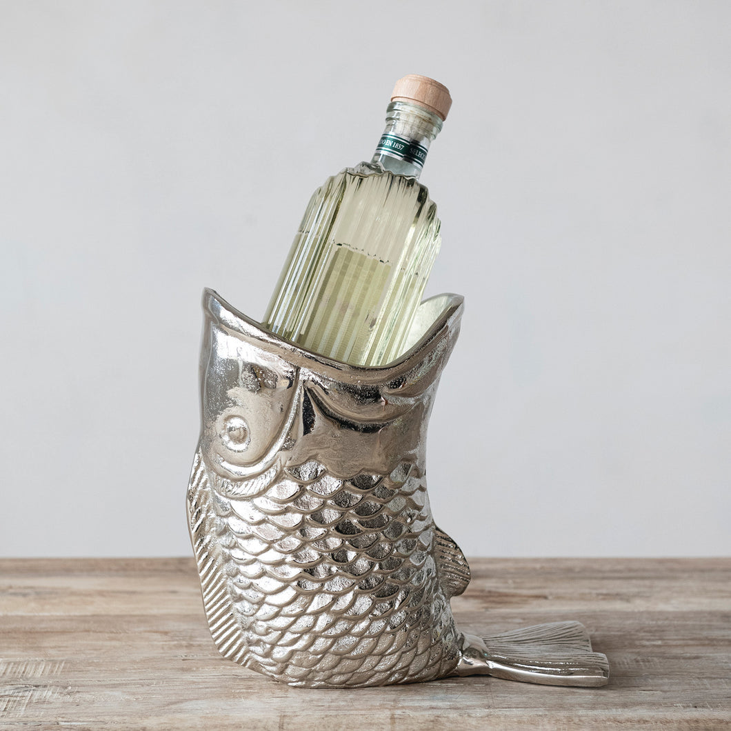 Cast Aluminum Fish Shaped Bottle Holder, Nickel Finish
