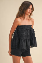 LACE TRIM RUFFLED STRAPLESS TRAPEZ TOP