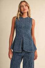 STRIPED DENIM SLEEVELESS PEPLUM TOP AND BARREL SET