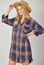 Rolled Up Sleeve Washed Plaid Shirt Dress in Washed Navy