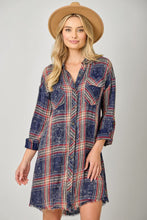 Rolled Up Sleeve Washed Plaid Shirt Dress in Washed Navy