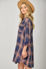 Rolled Up Sleeve Washed Plaid Shirt Dress in Washed Navy