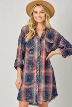 Rolled Up Sleeve Washed Plaid Shirt Dress in Washed Navy