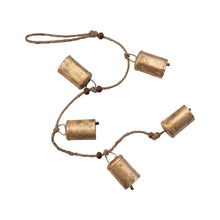 28"H Hanging Metal Bells with Wood Beads and Jute Rope, Antique Brass Finish